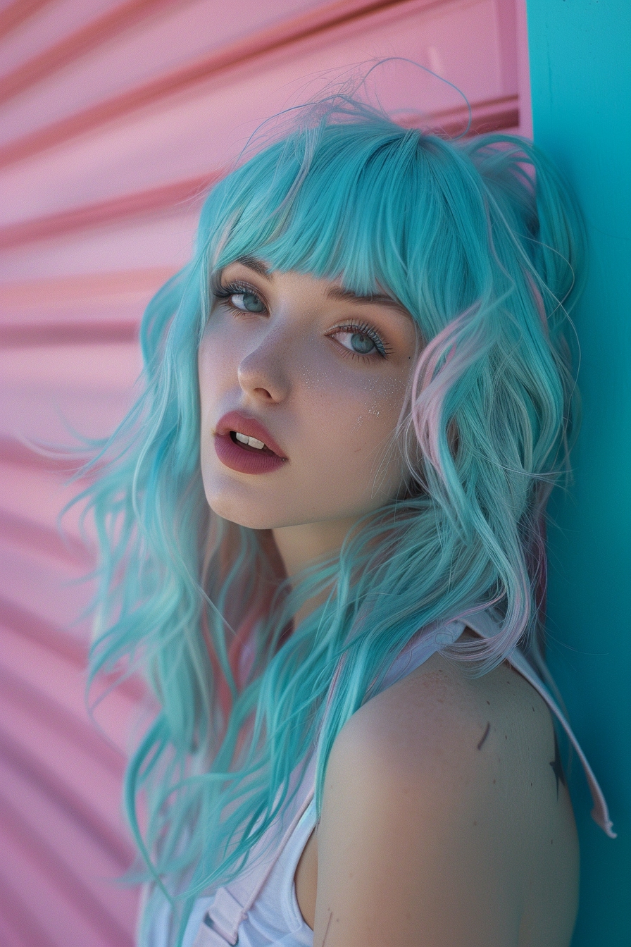 cotton candy blue hair with bangs