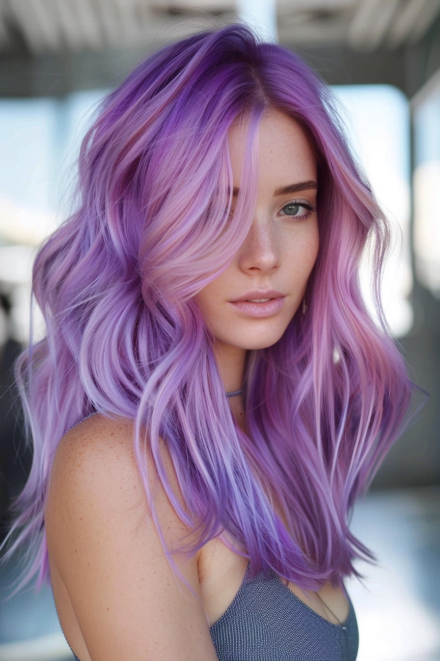 una donna con i capelli viola zucchero filato