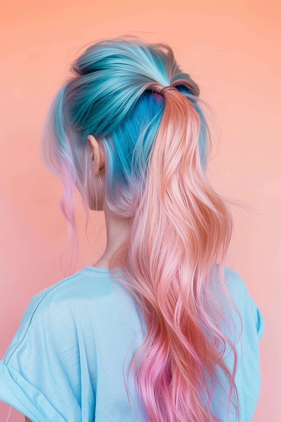 light blue and pink half-up ponytail 