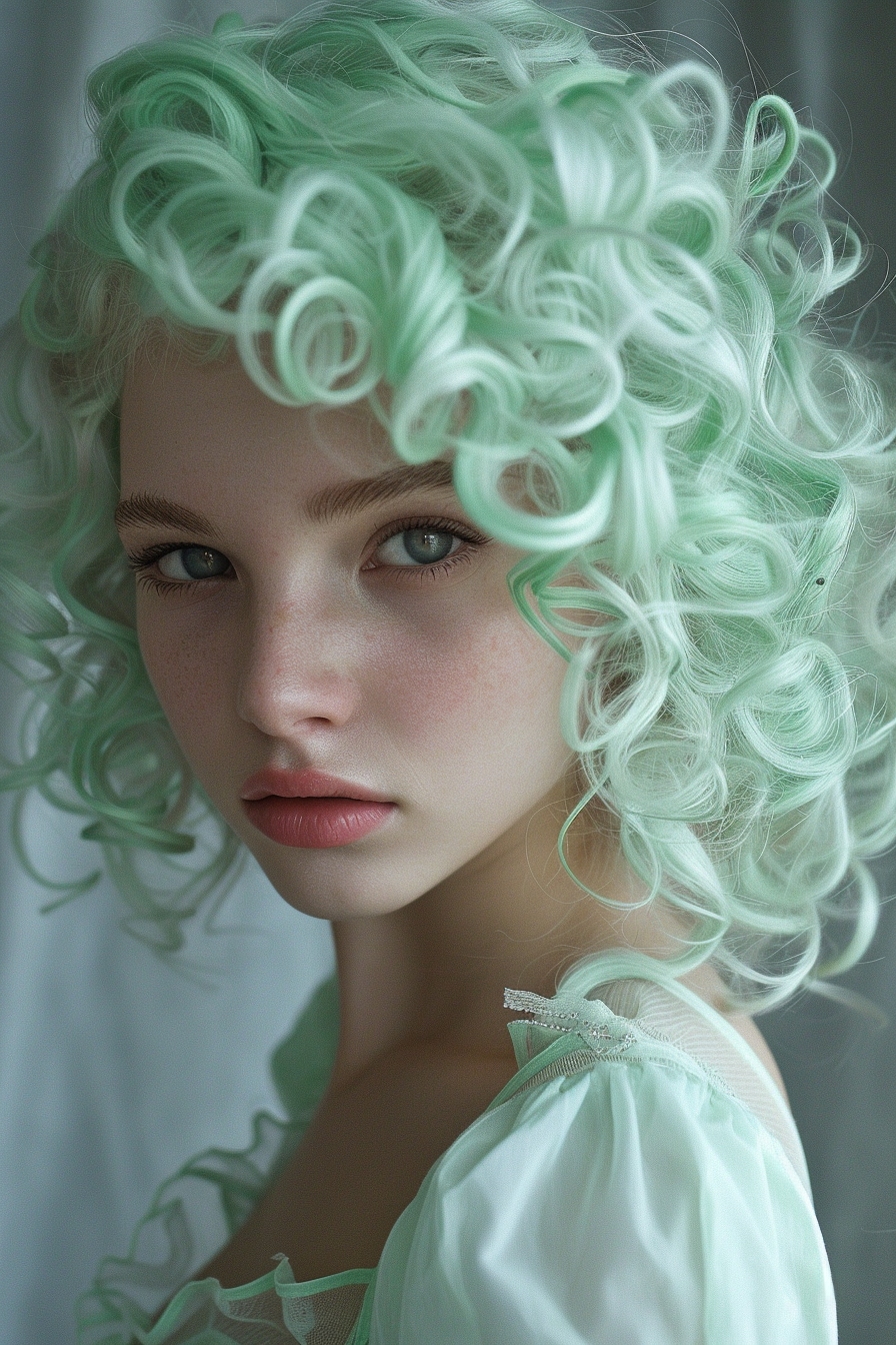 a young girl with mint cotton candy ringlet curls