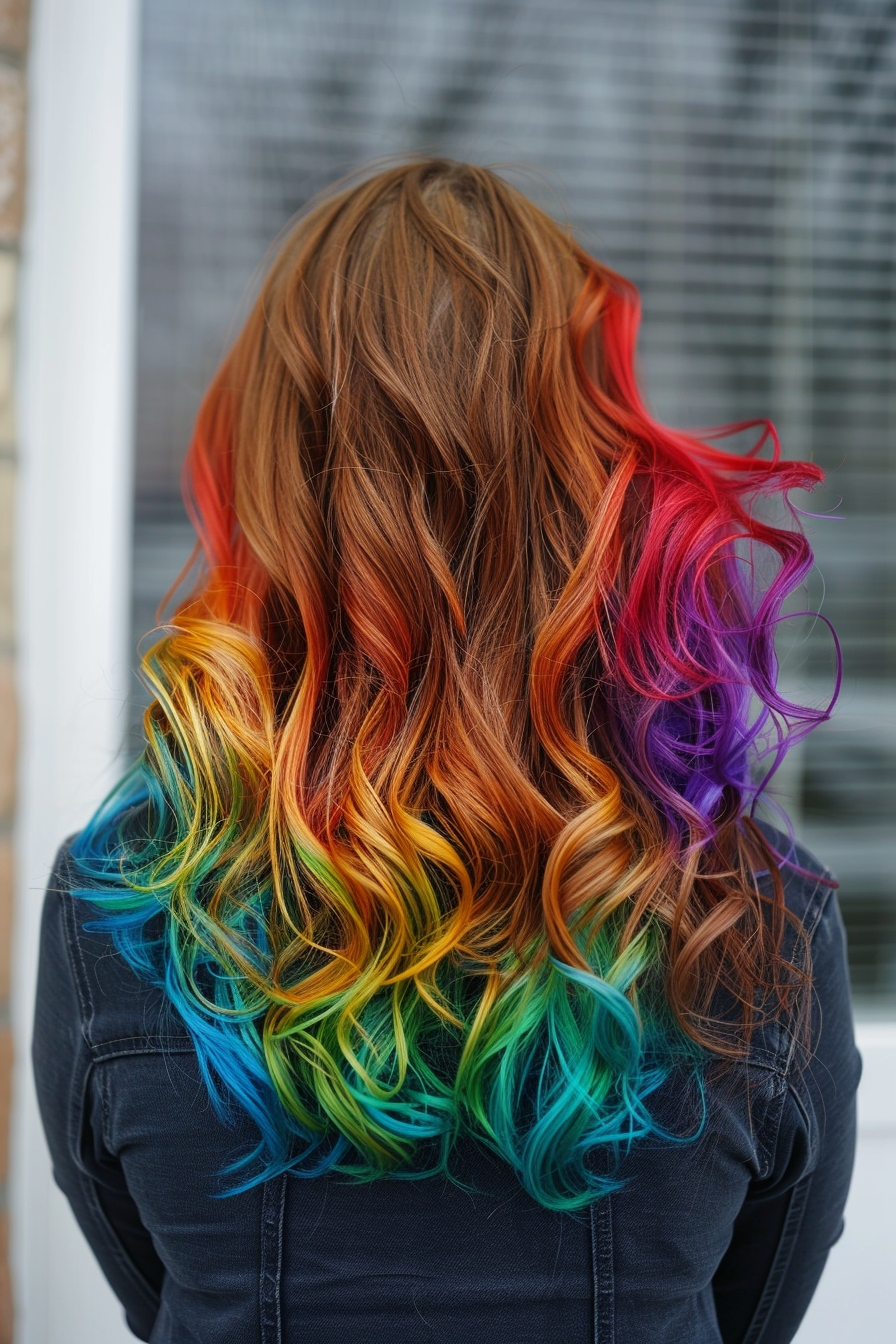 a woman with brown peekaboo candy rainbow hair
