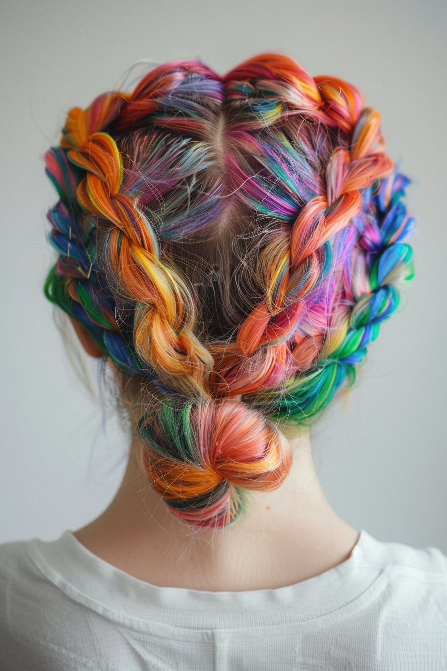 rainbow braided crown with a bun