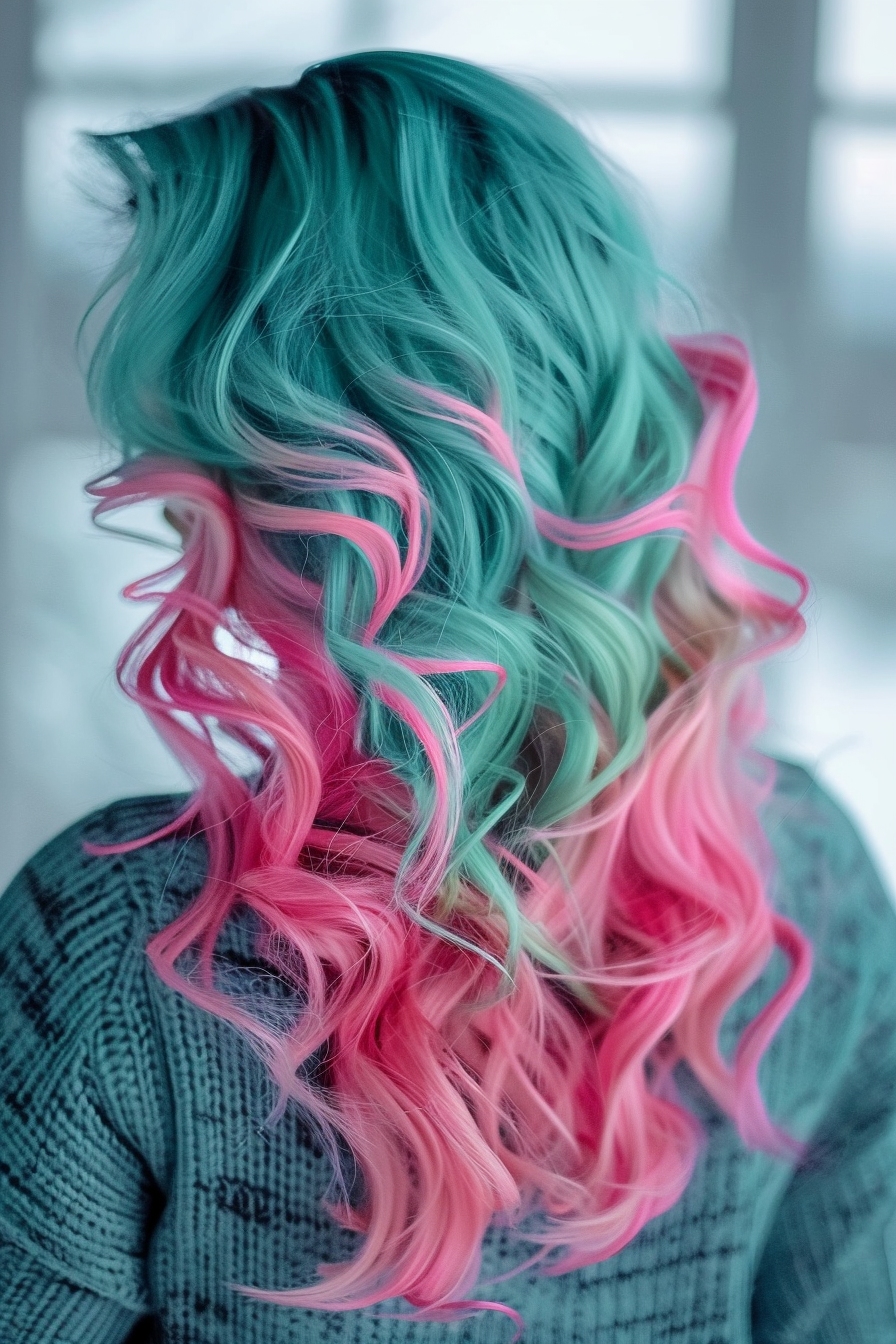 penteado encaracolado azul-petróleo e cor-de-rosa
