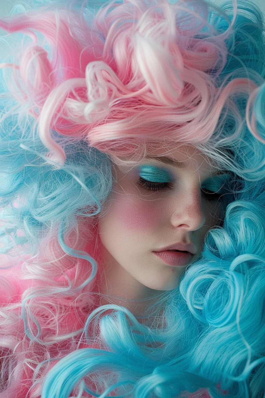 une femme aux cheveux bouclés bleu turquoise et rose poudré