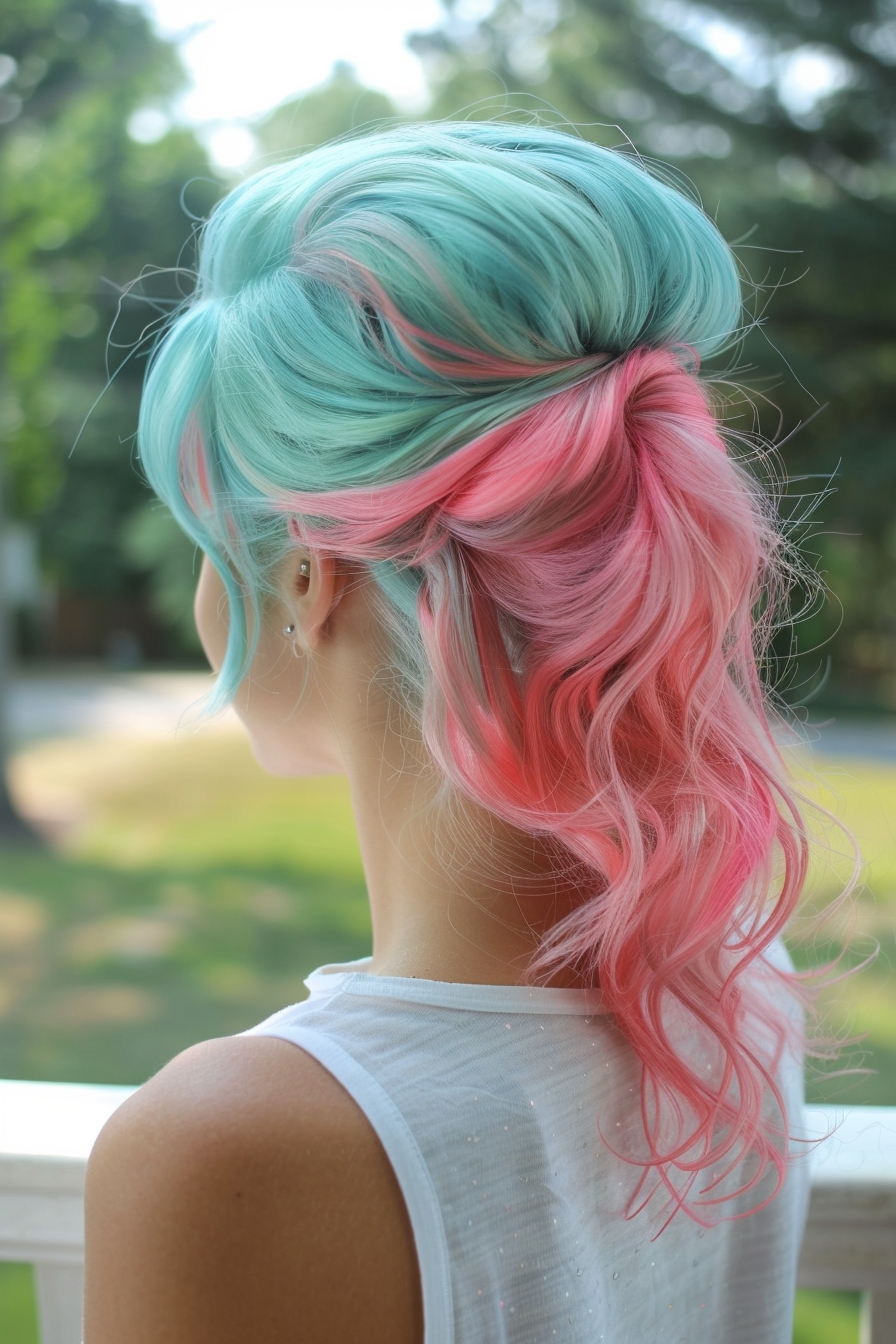 uma mulher com um penteado azul-turquesa e rosa-pó, metade para cima, metade para baixo