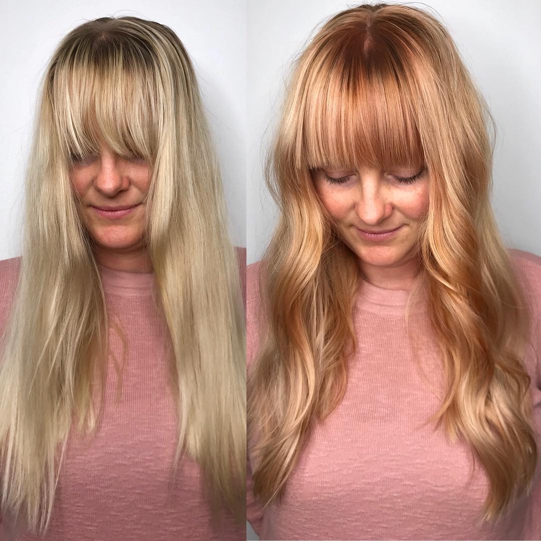 blond avec des reflets blond fraise avant et après