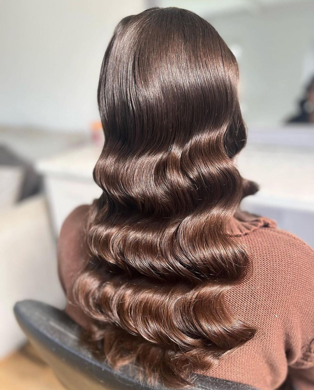 long chestnut brown Hollywood glam waves