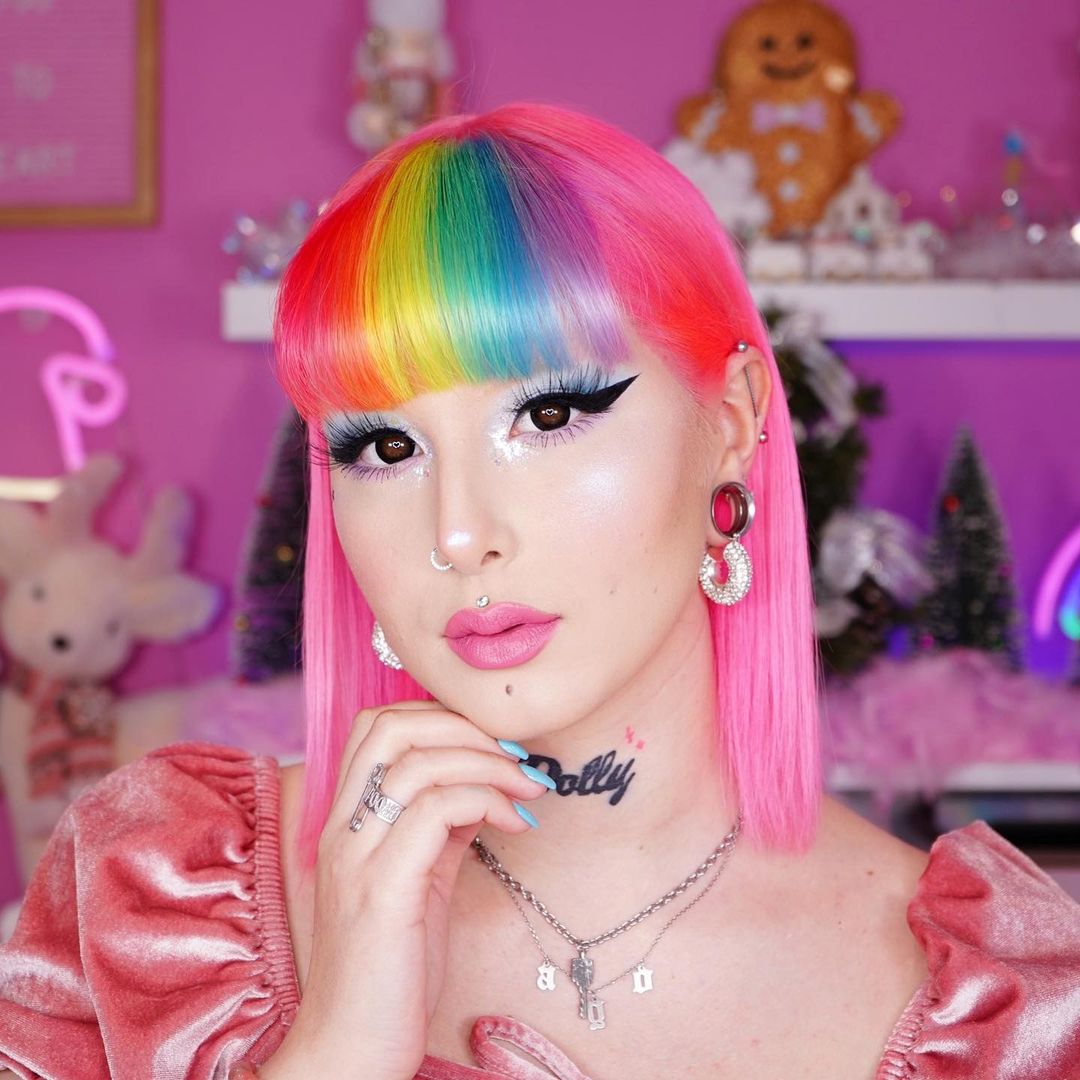 pink hair with rainbow bangs