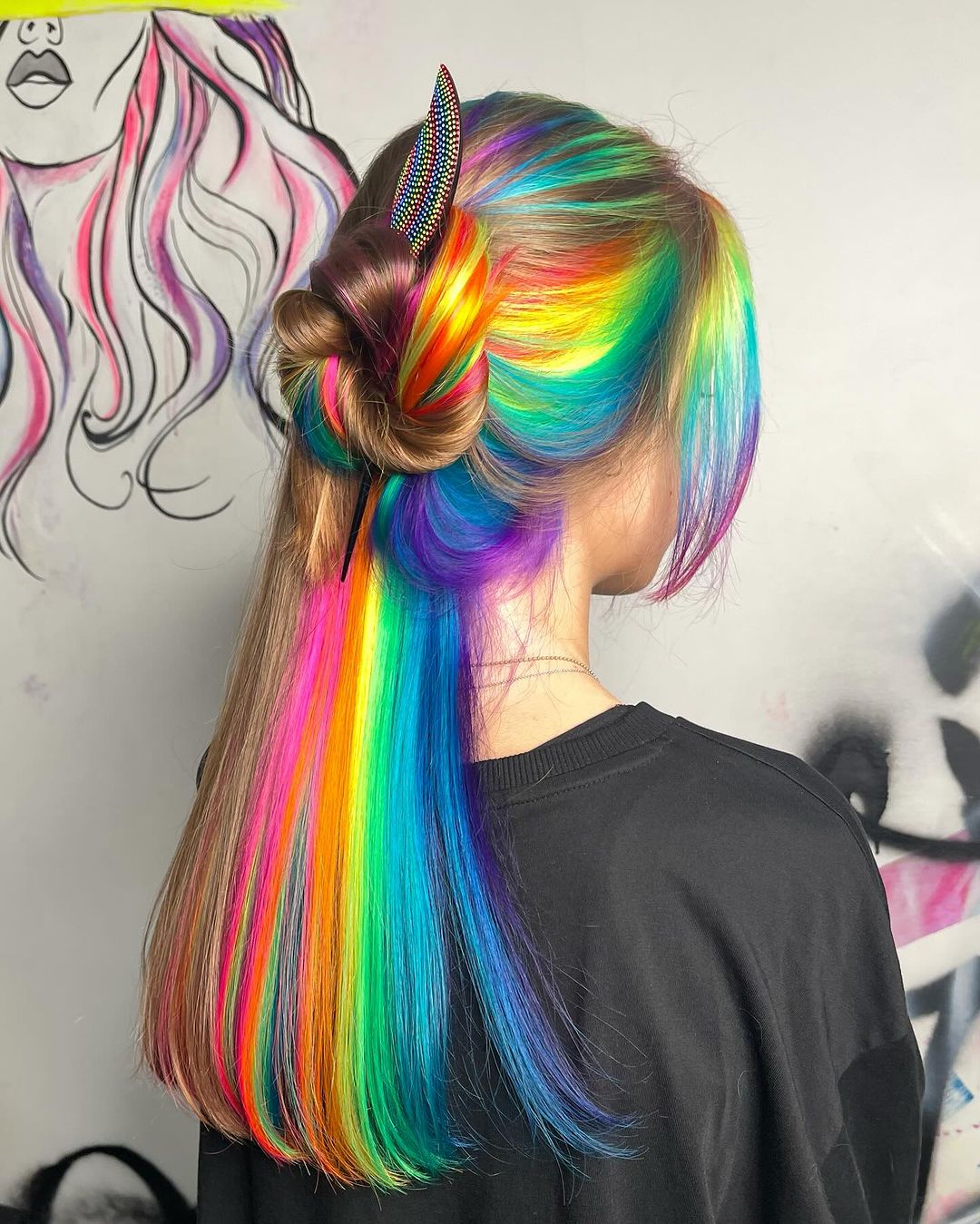 rainbow hair in a half updo