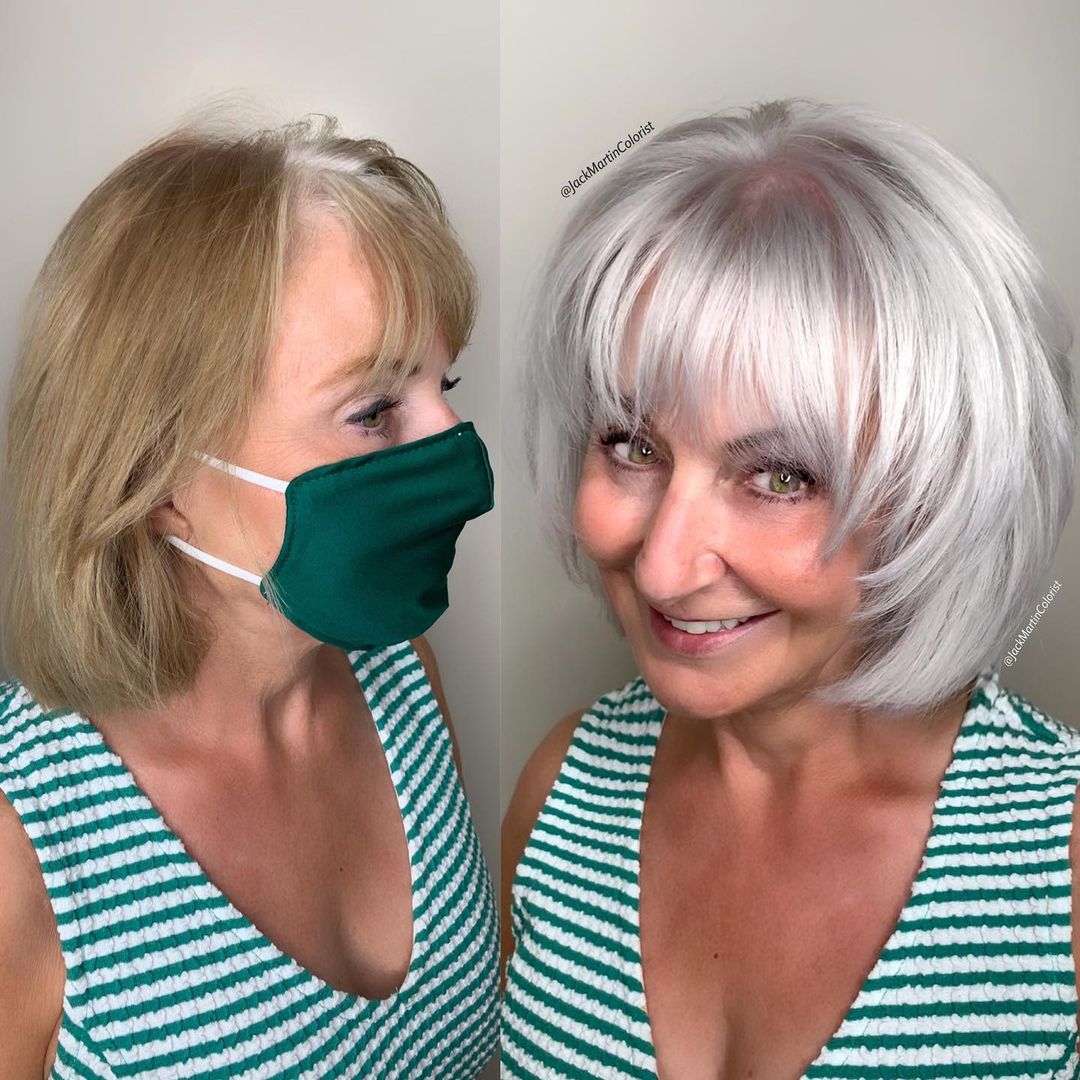 platinum blonde bob with bangs and spiky ends