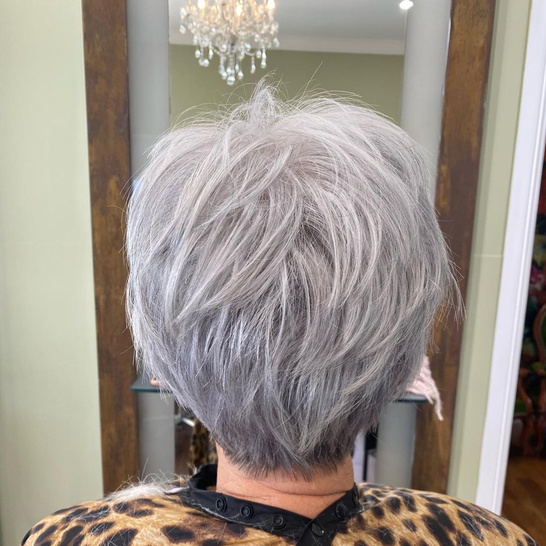 short gray hair with stacked layers