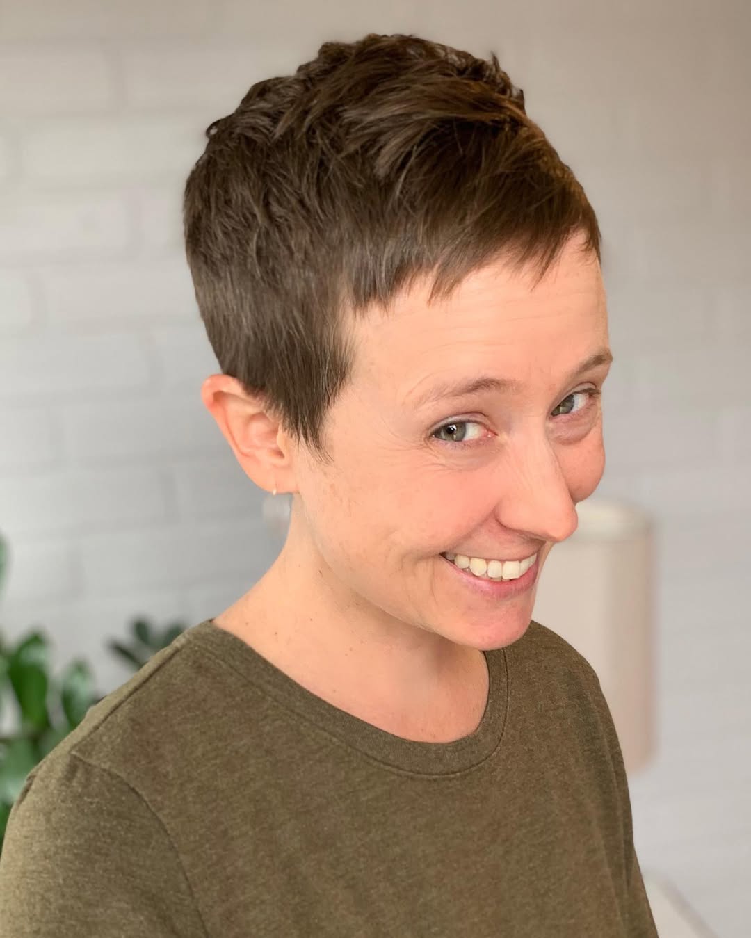 short pixie cut with baby bangs