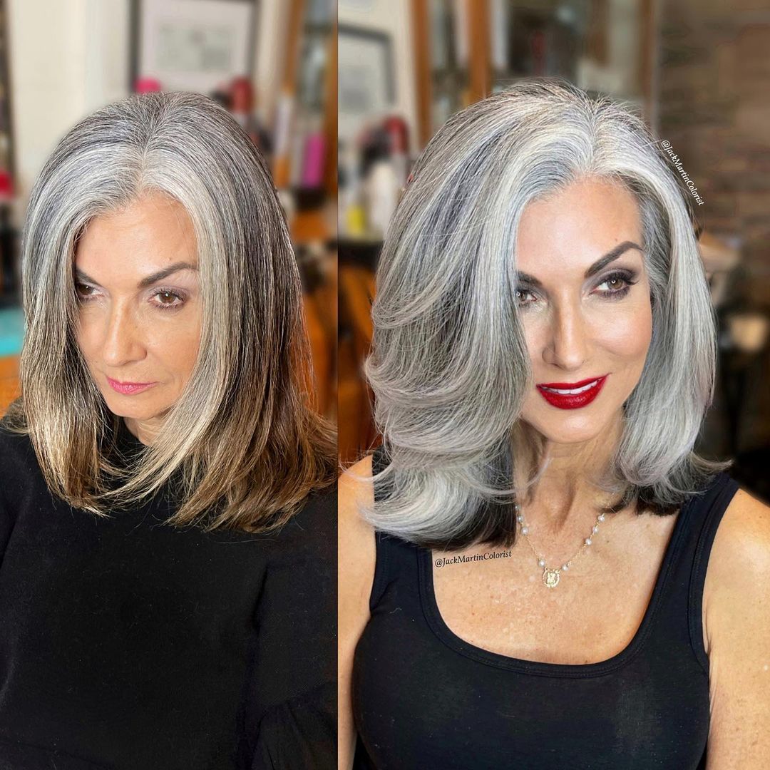 silver gray long layered hair