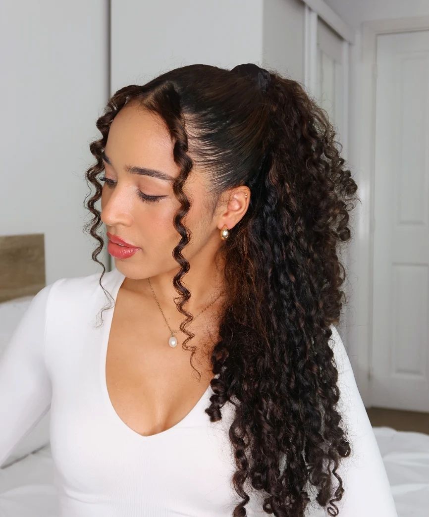 sleek and curly half up ponytail