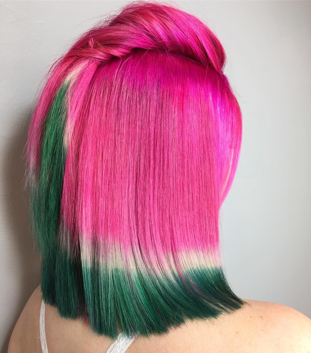 color blocked watermelon hair