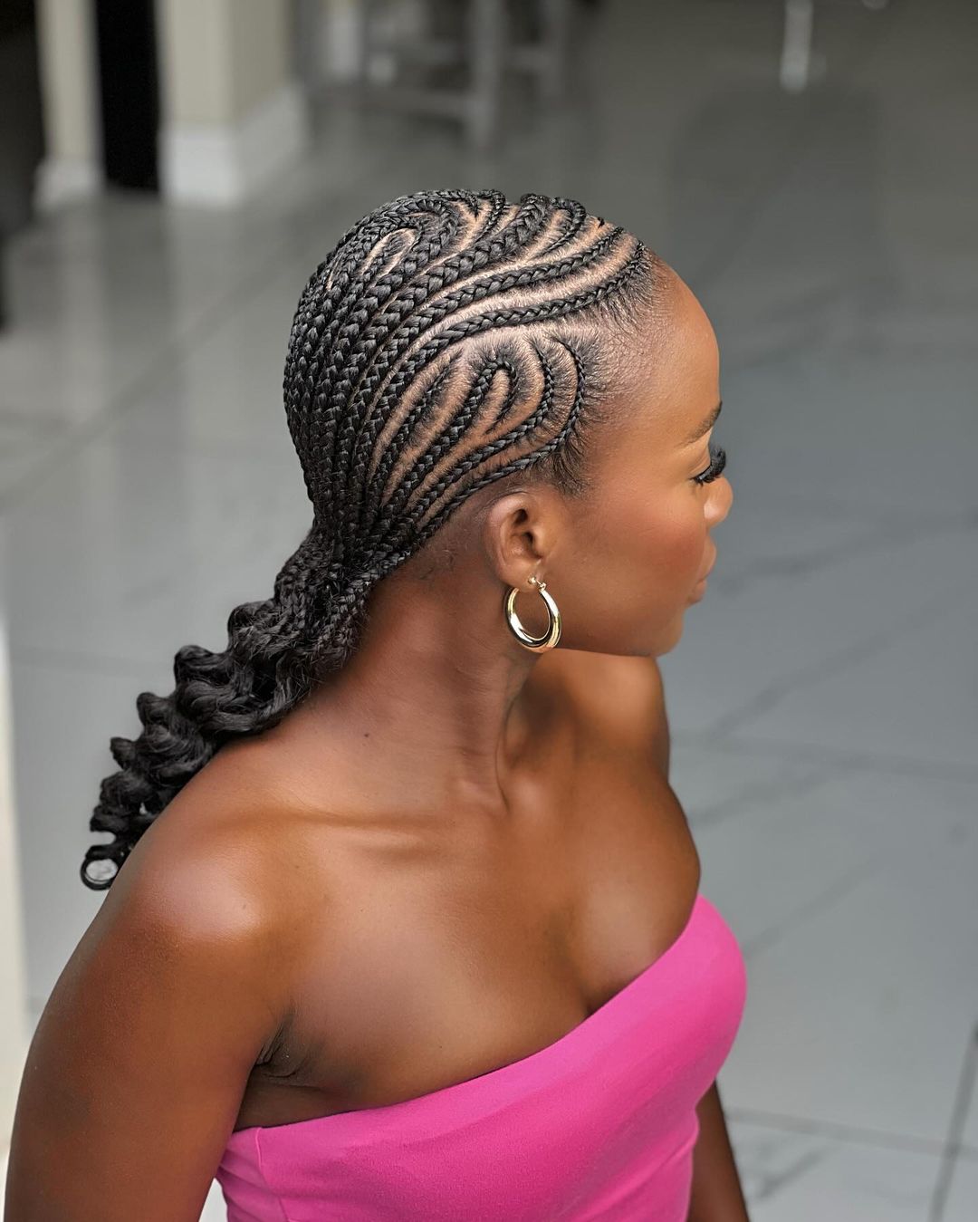 freehand cornrows with curly weave