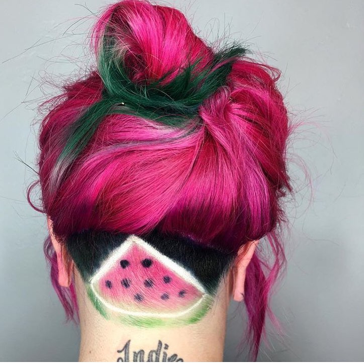 green pink top knot with watermelon nape undercut