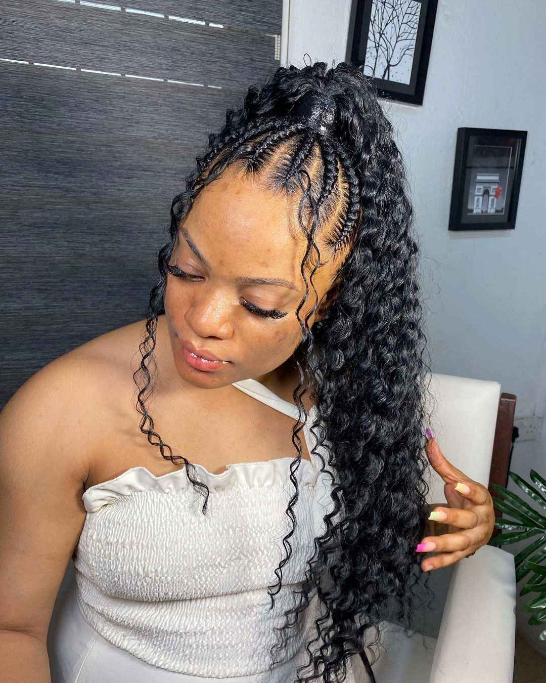 half up curly weave ponytail with cornrows