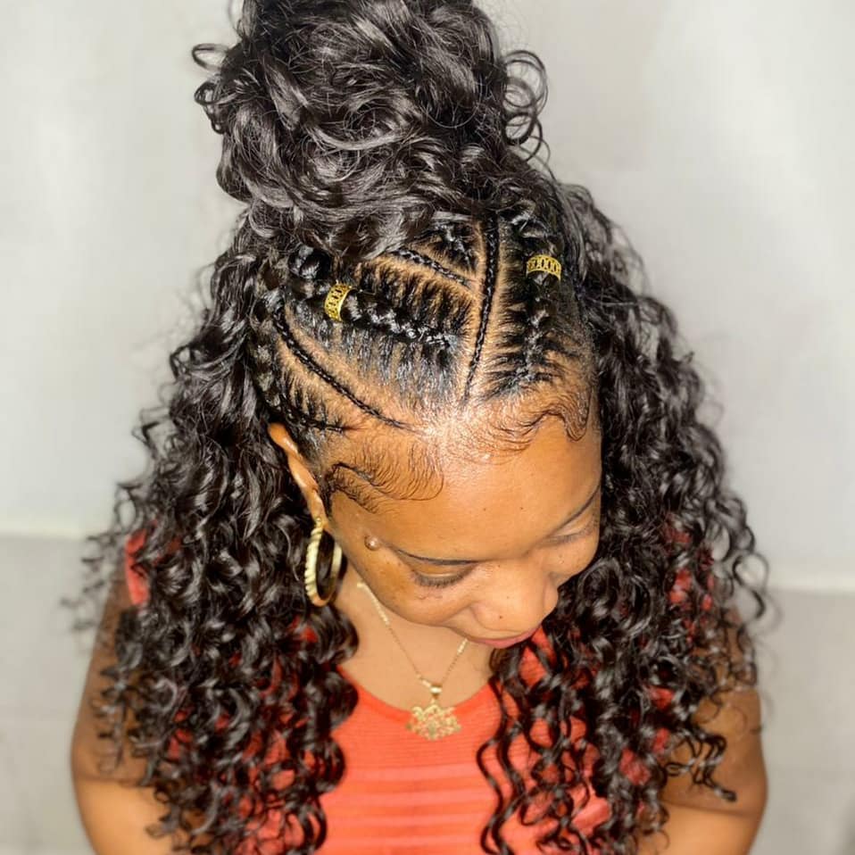 half up curly weave with braided bun