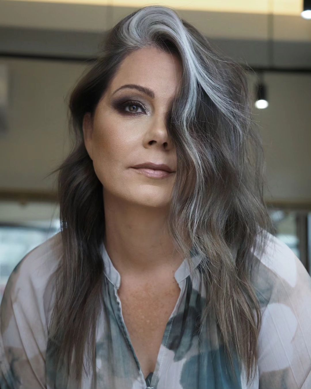 layered hair with gray money piece