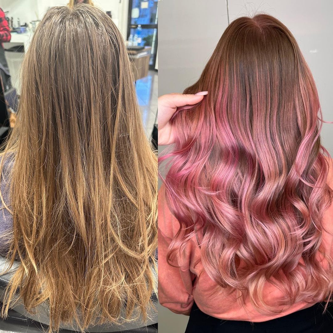 transformación del color de pelo rosa