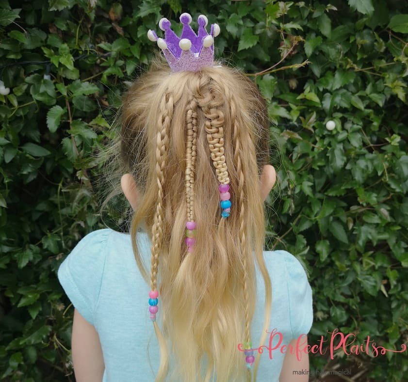 high ponytail with beaded micro braids for little girls