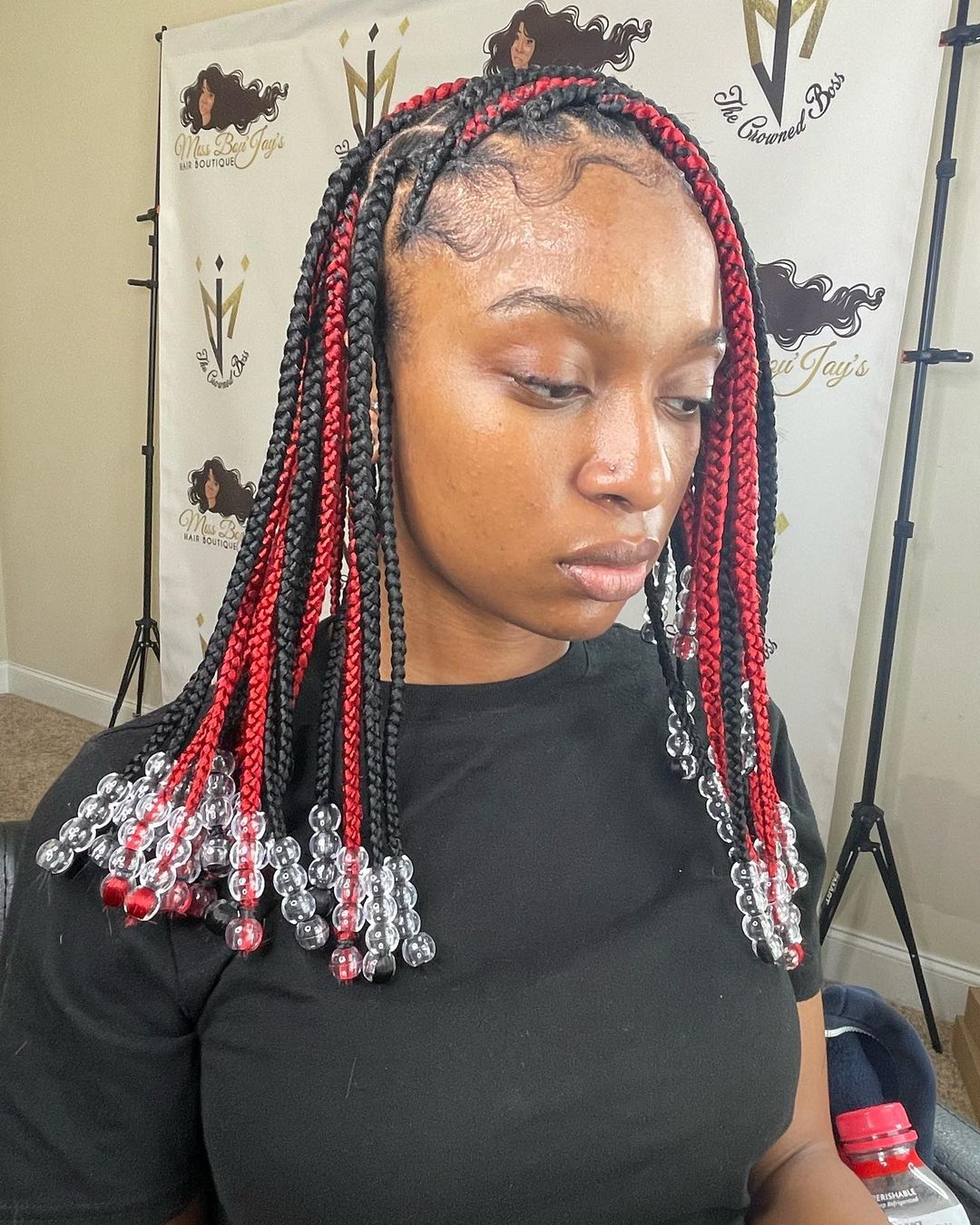 red black braids with transparent beads