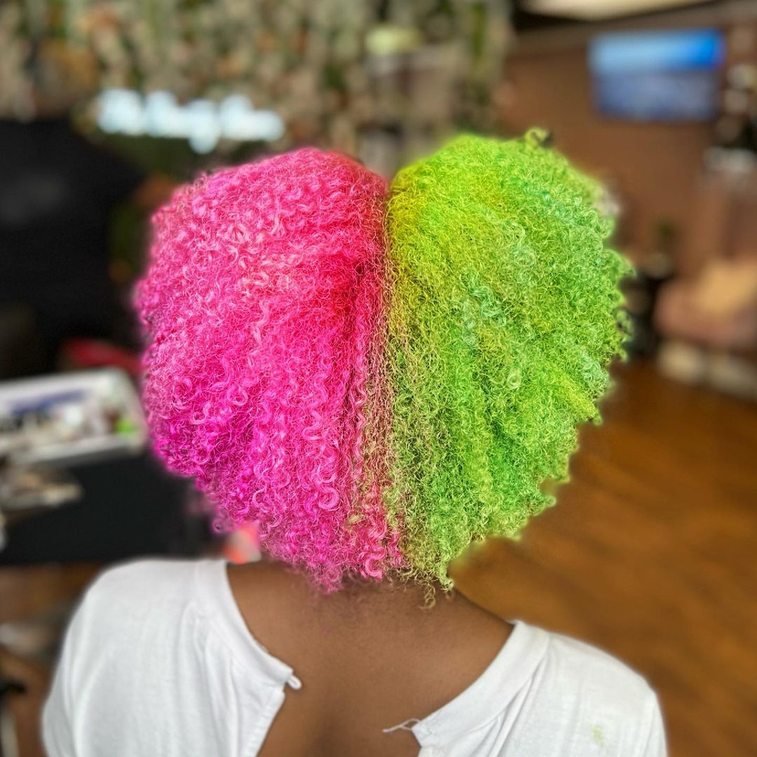 two toned green pink hair on 4A curls