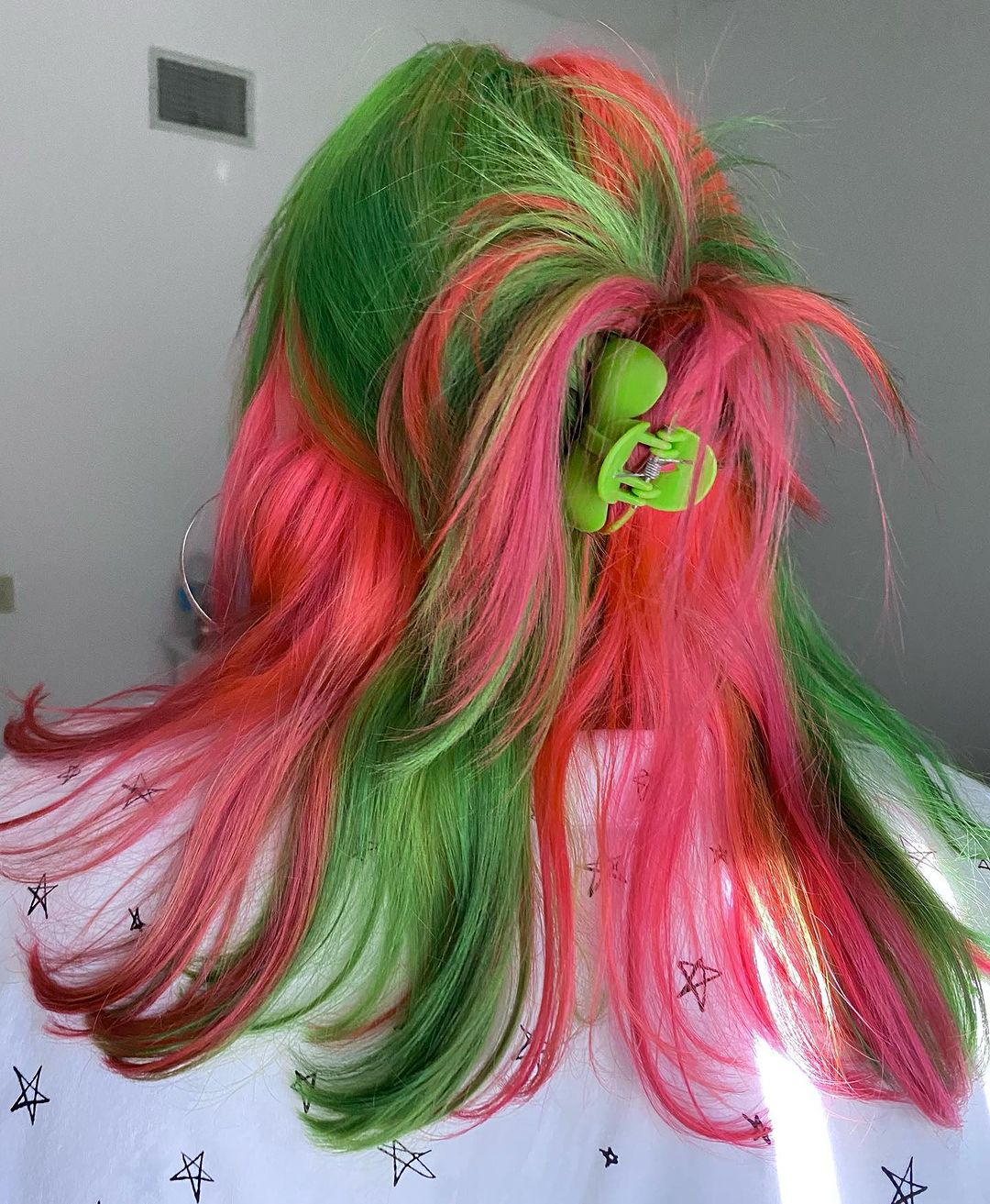 watermelon hair with a green claw clip