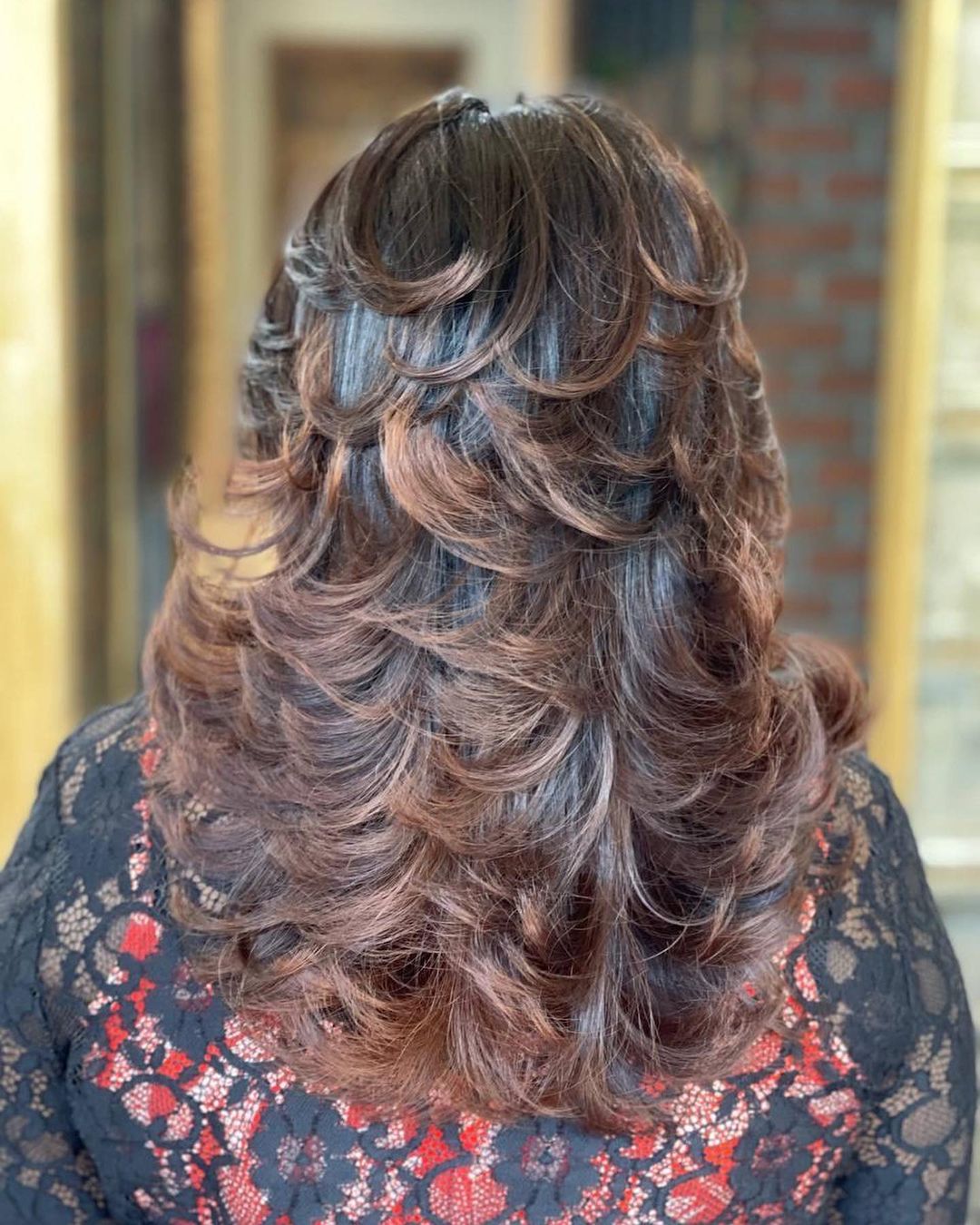 brunette cinnamon feathered hair