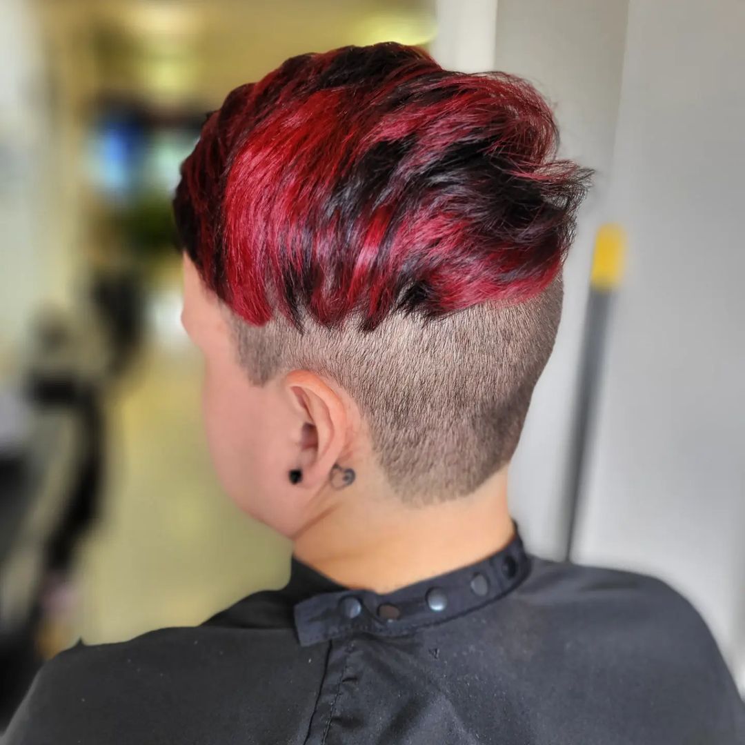 shaved sides with black and red on top