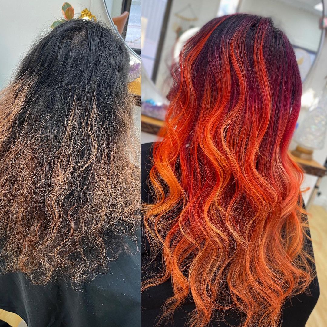 transformation de la couleur des cheveux au coucher du soleil