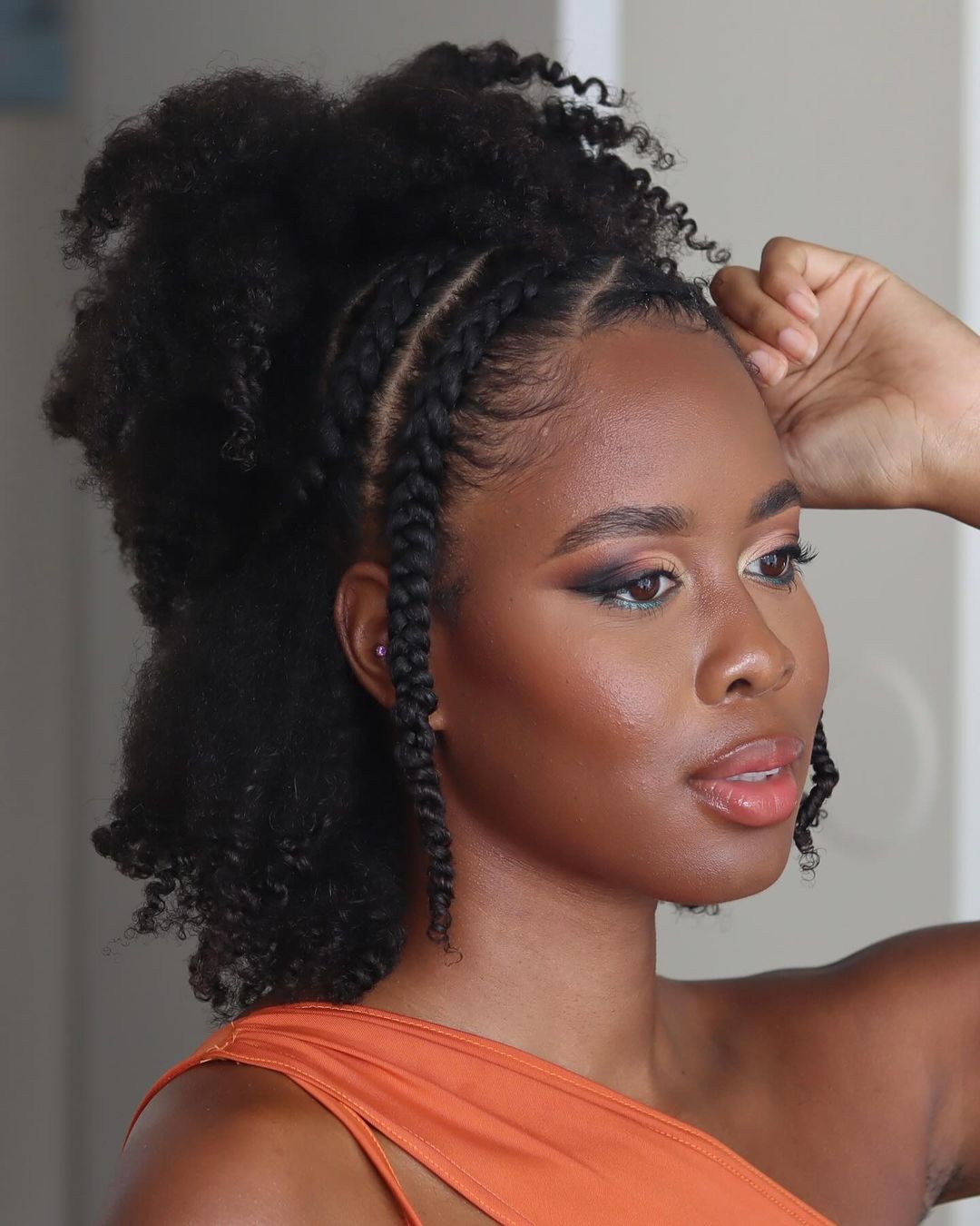 half-up braided hairstyle with coils