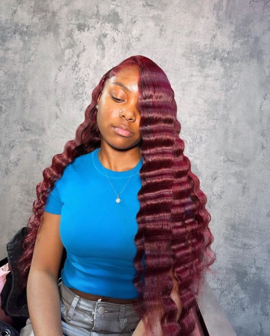 long finger waves burgundy weave