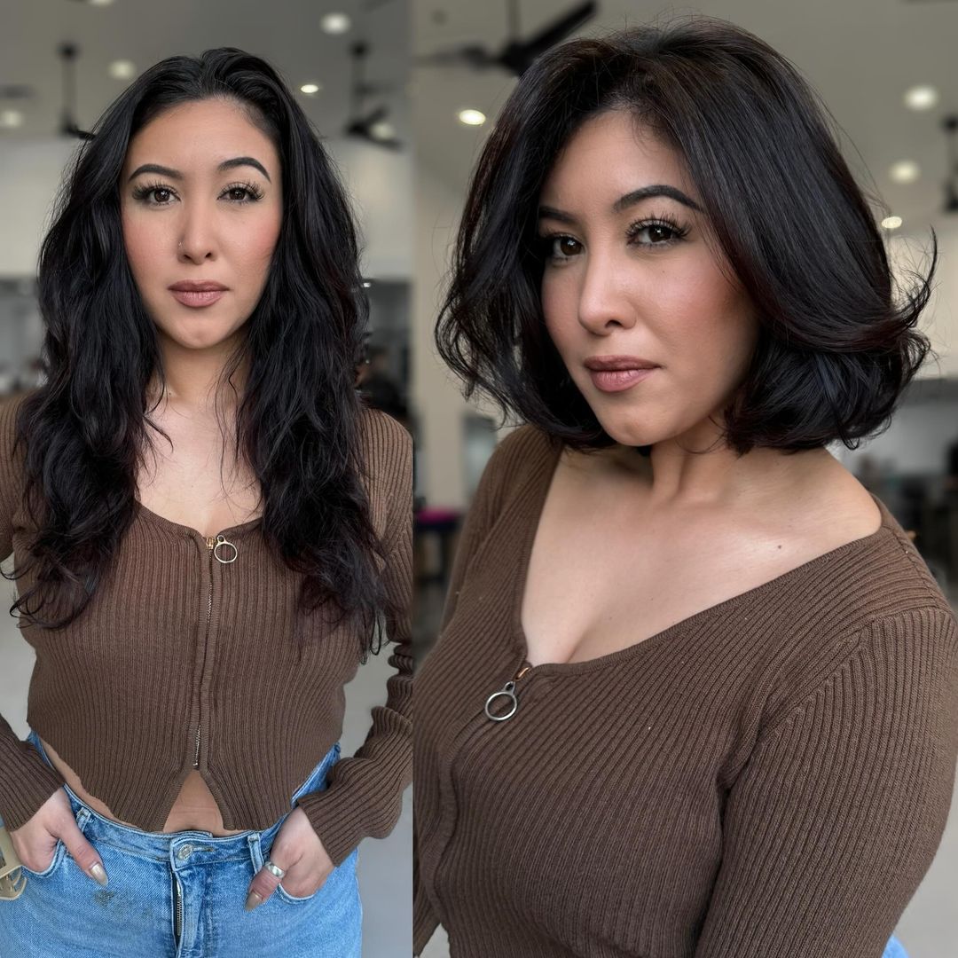 long wavy hair to layered lob with curtain bangs