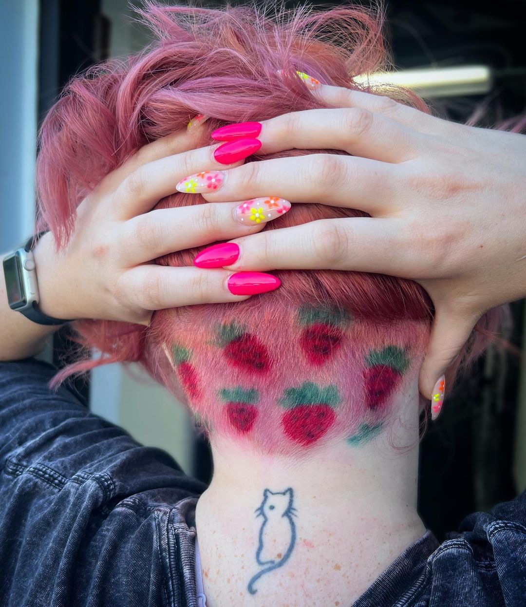 pastel pink bob with strawberry nape undercut