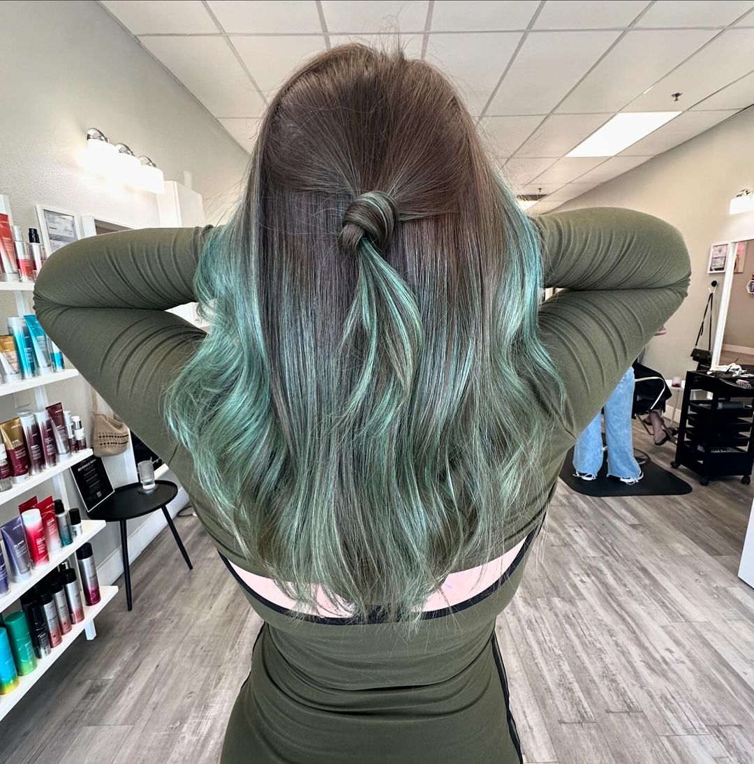 soft green on natural brown hair