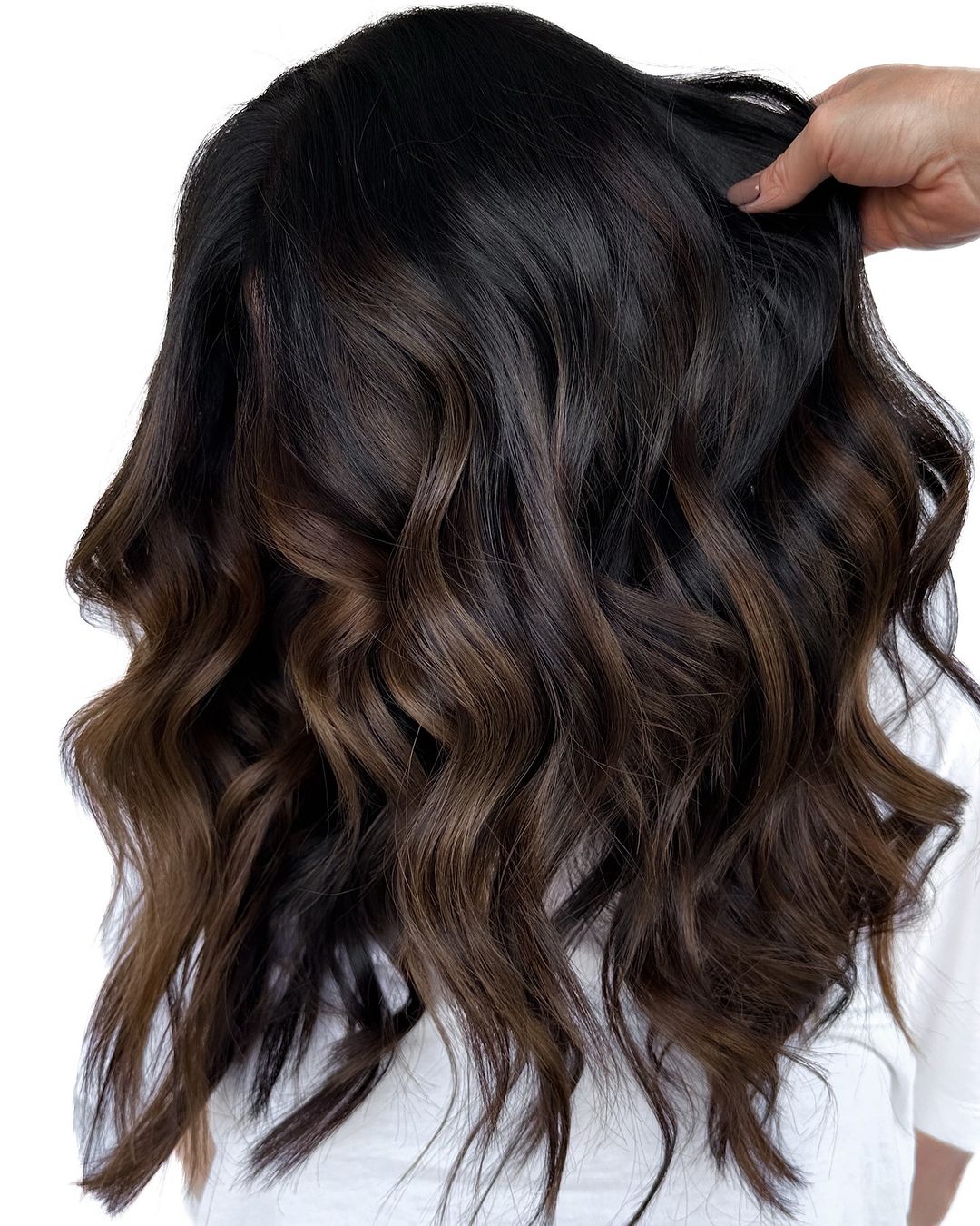 caramel mocha balayage on short wavy hair