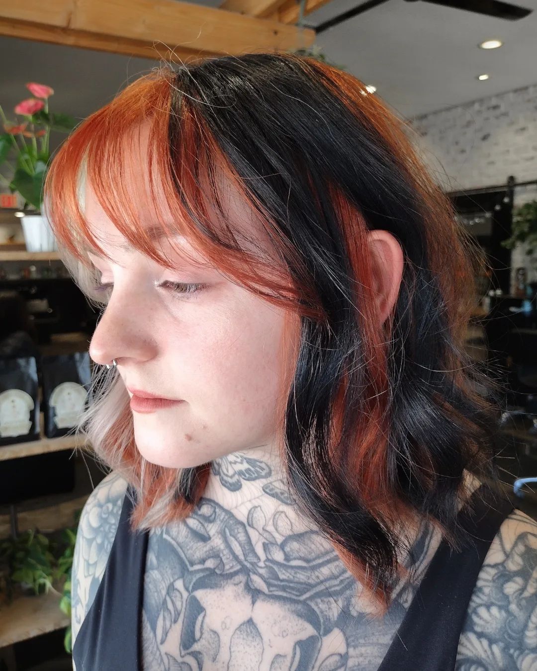 copper black blonde color block hair