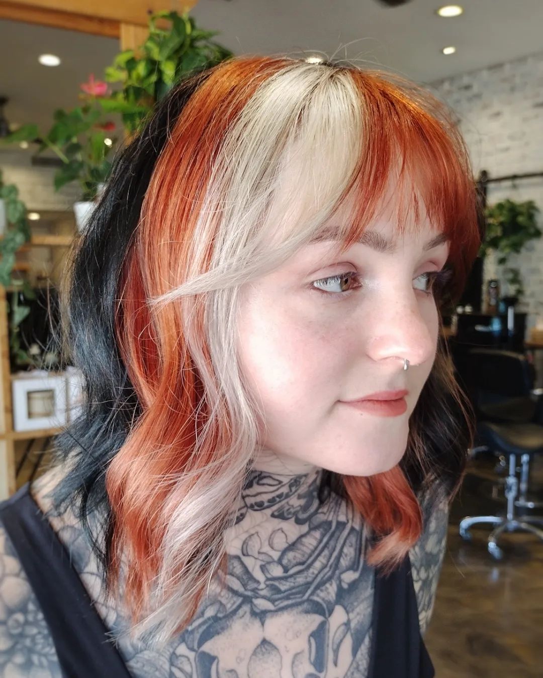 copper black blonde color block hair