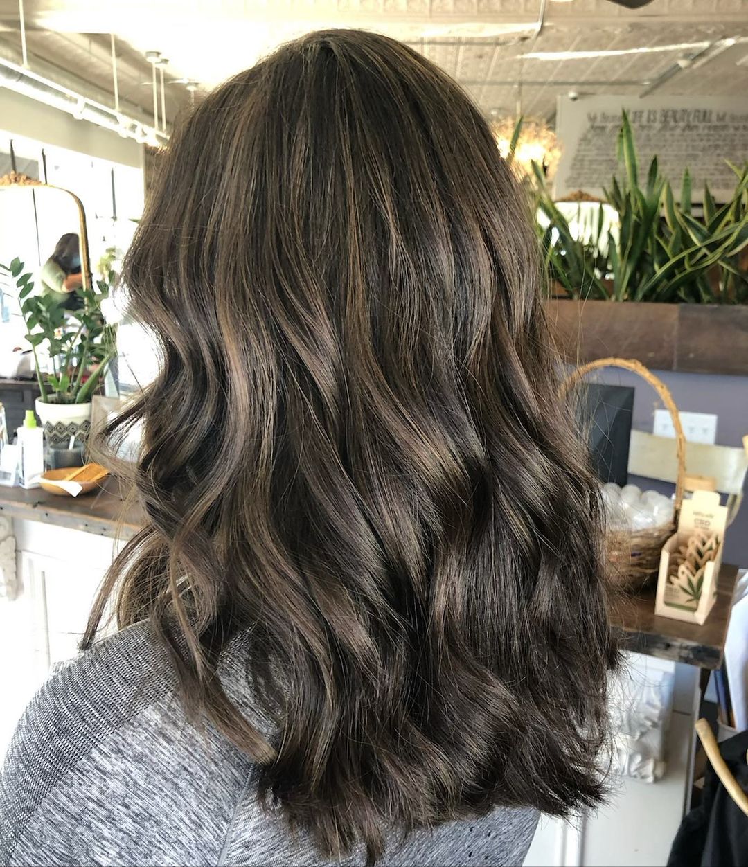 dark brunette hair with mushroom brown highlights