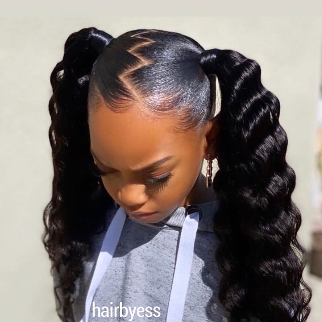 glam wave double ponytails with a zig zag parting