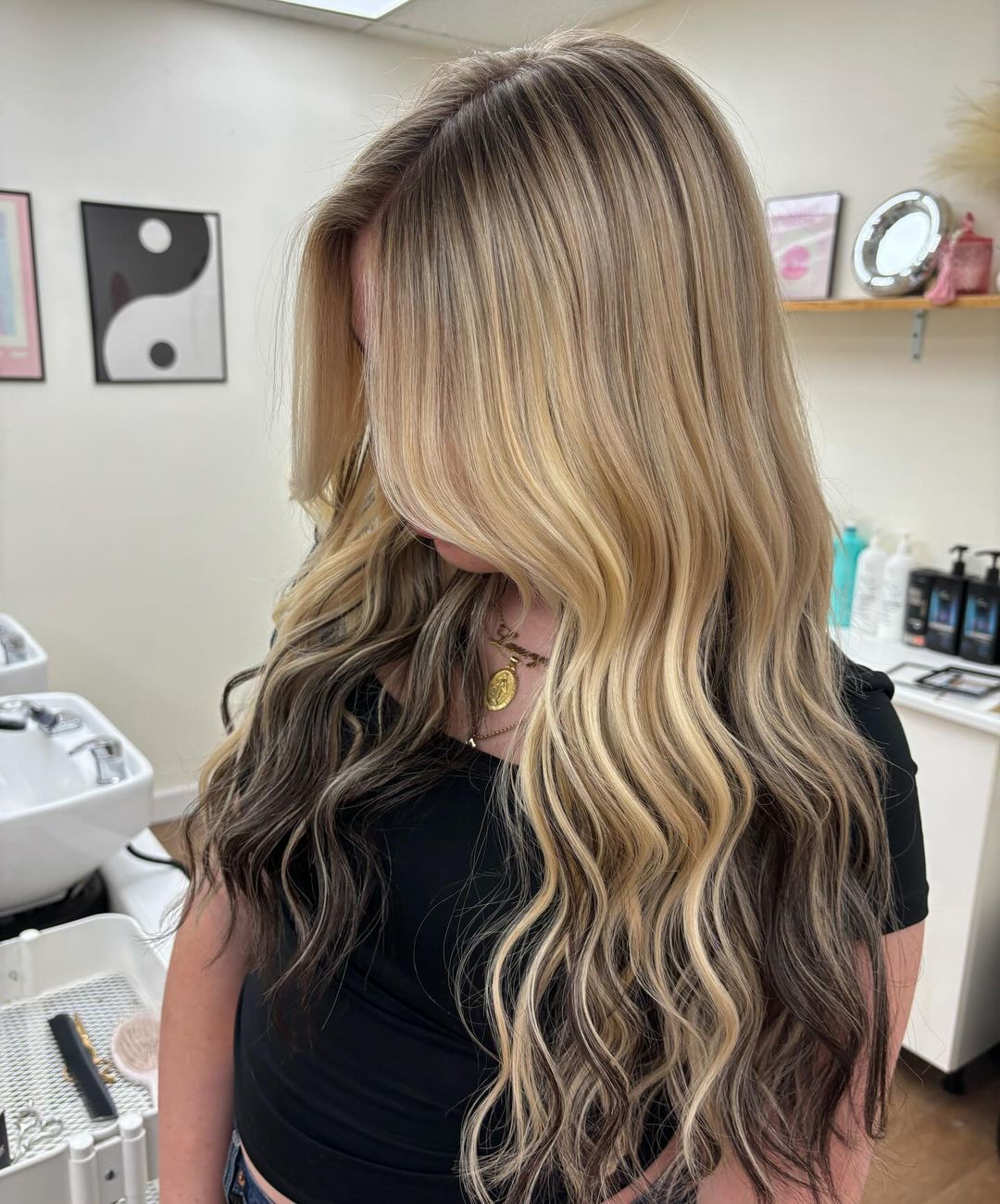 golden blonde hair with dark tips