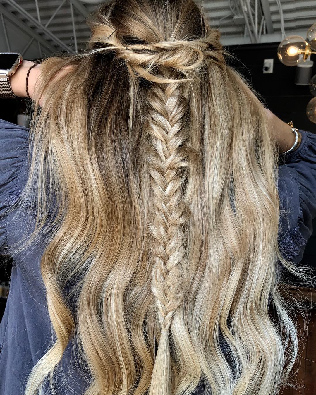 half-up fishtail braid with twists