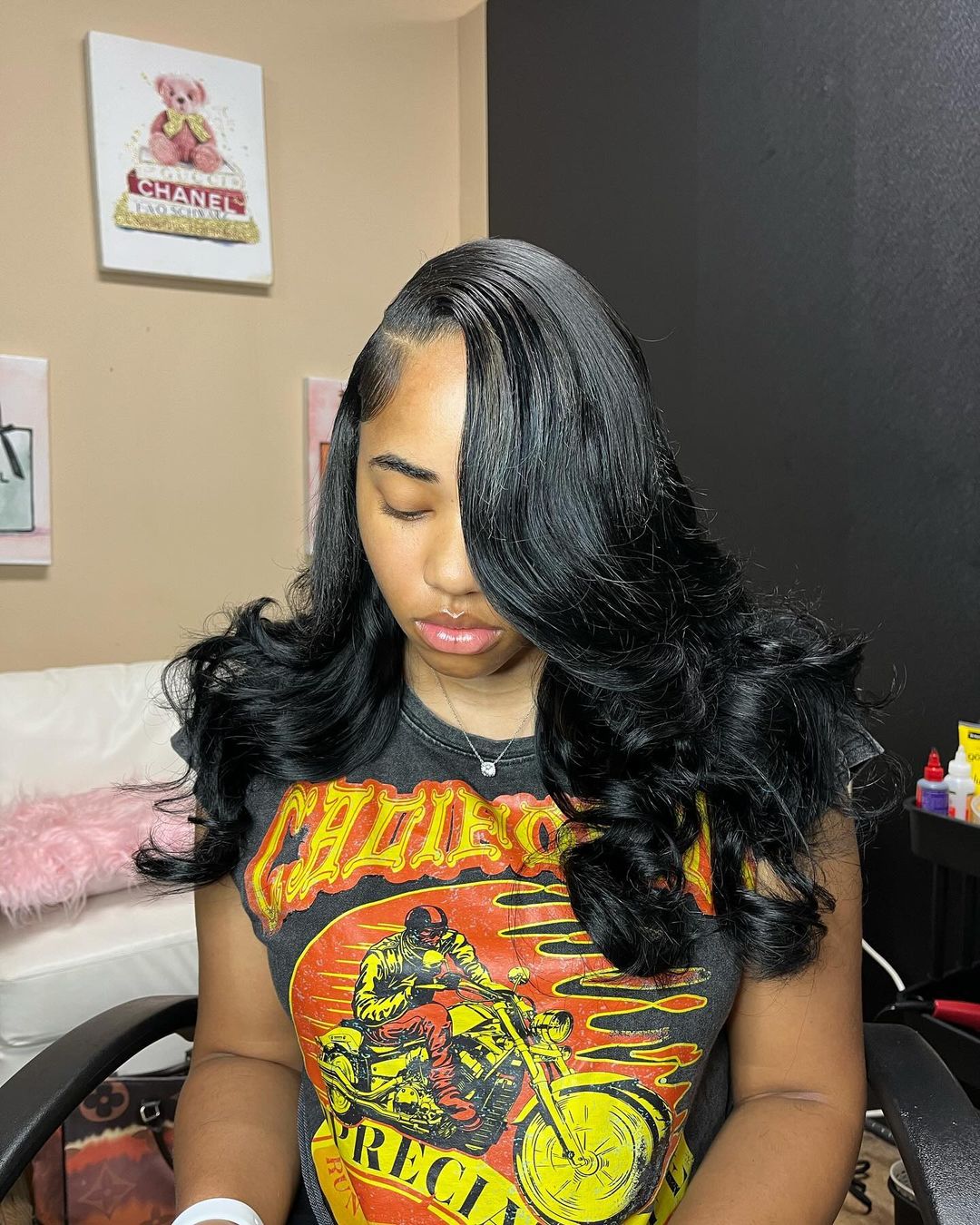 layered curly side part quick weave