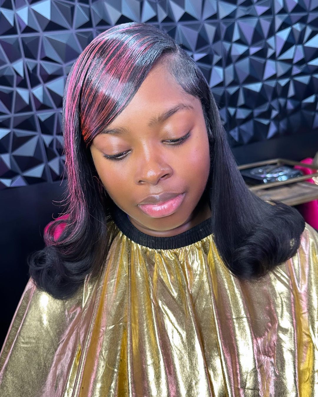 medium side part quick weave with pink highlights