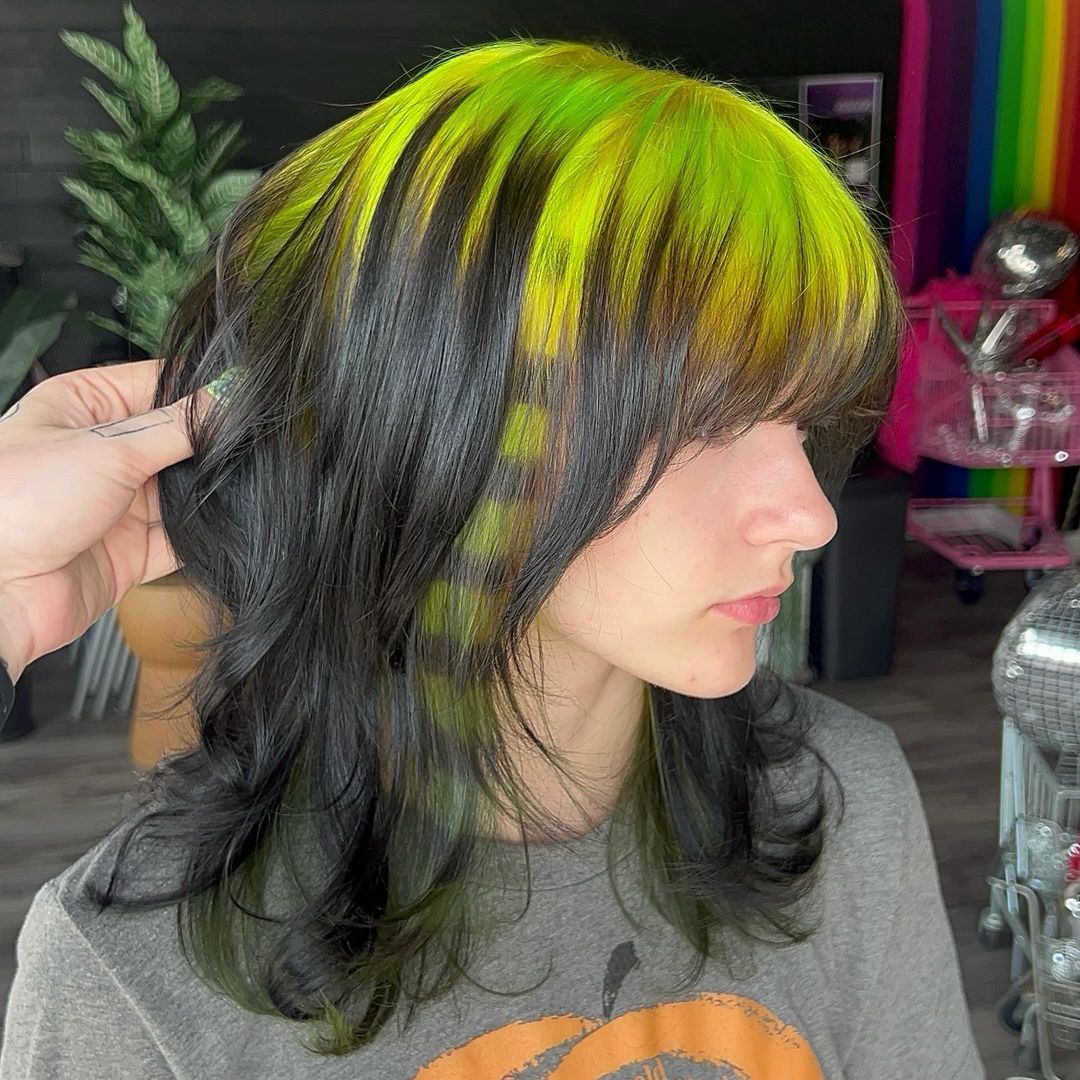 neon green yellow roots with raccoon tail stripes