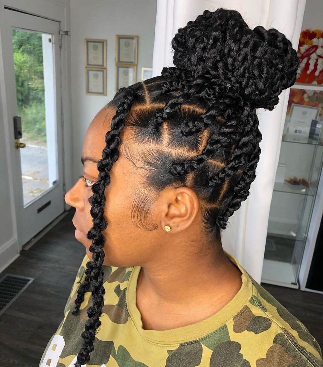 passion twists high bun with diamond partings