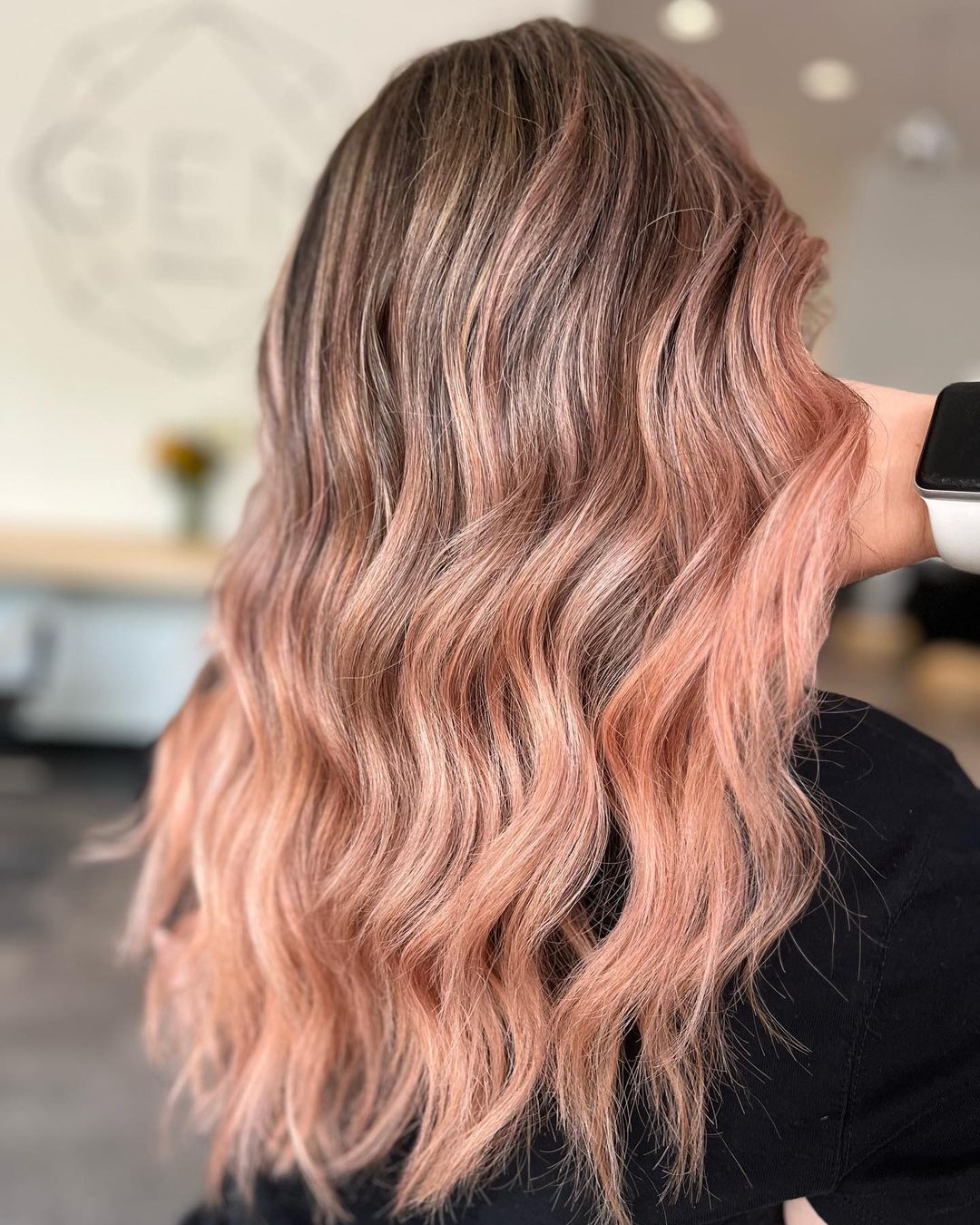 balayage pêssego rosa dourado