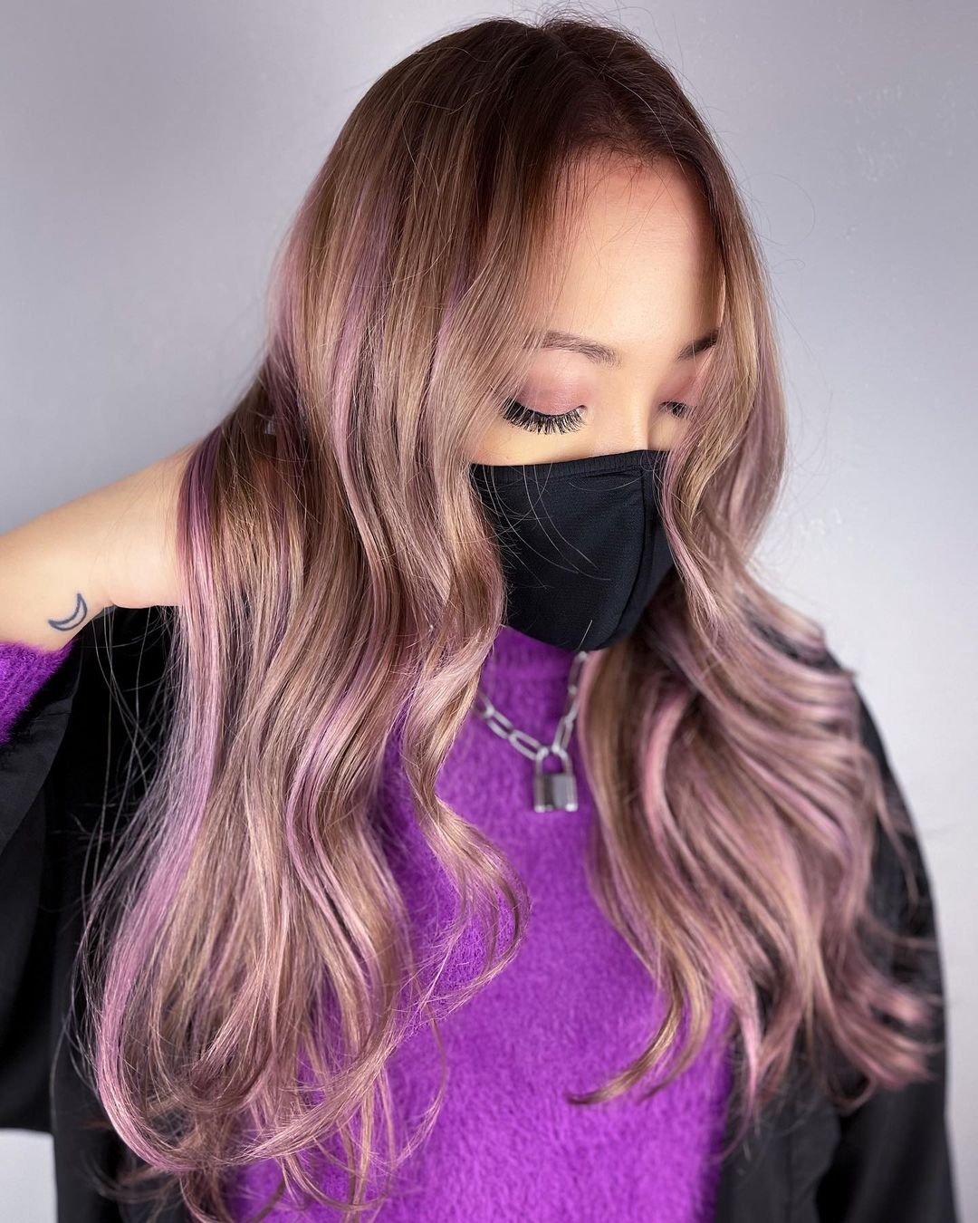 purple highlights on ash brown hair